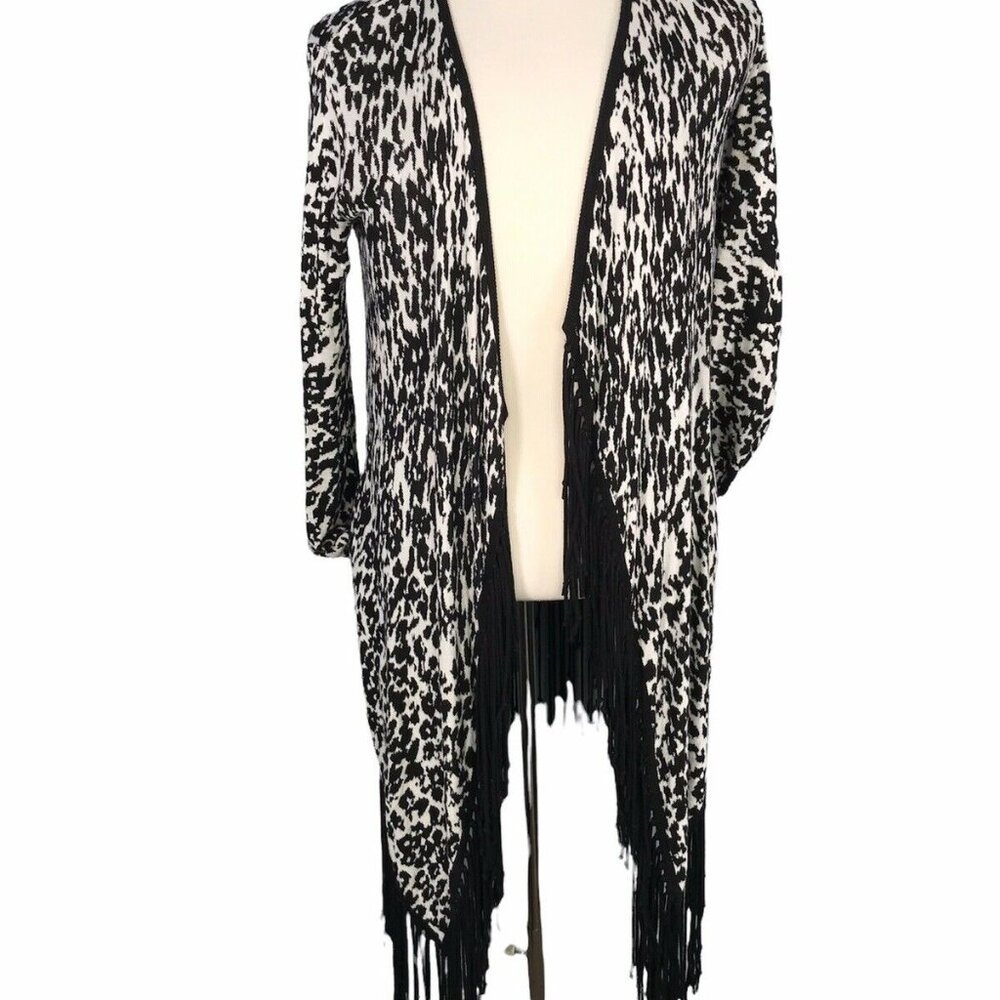 Ella Moss Womens Black & White Fringed Open Front Cardigan L